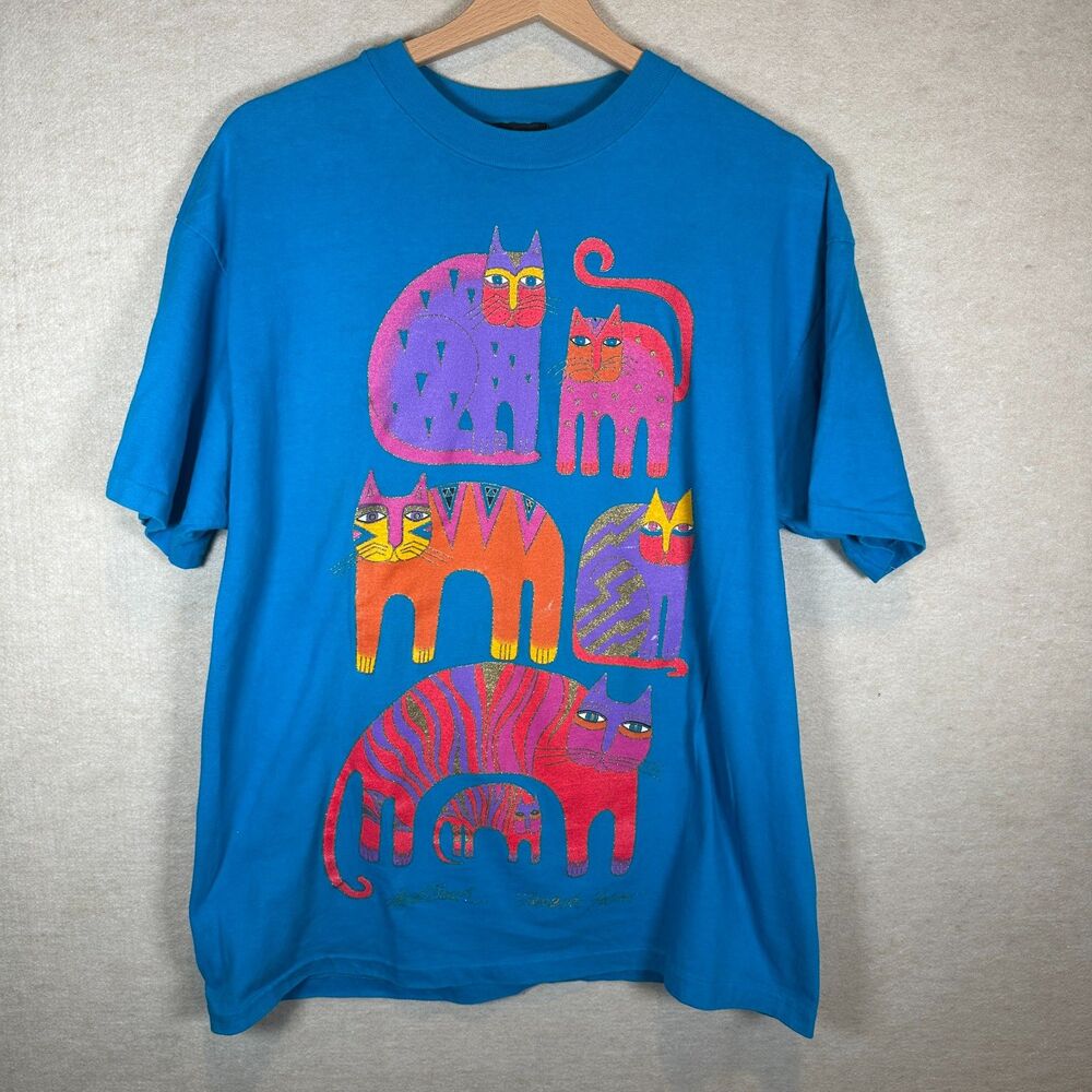 Laurel Burch Colorful Cats T Shirt Measures Womens XL Blue Art Graphic Tee